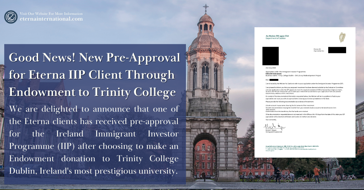 Good News! New Pre-Approval for Eterna IIP Client Through Endowment to Trinity College